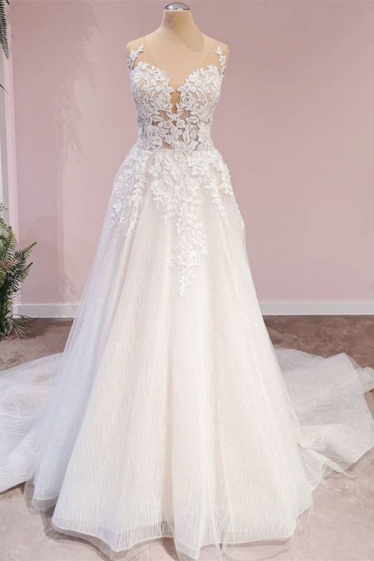 Sleeveless Floral Lace Wedding  Dress Tulle Backless Bridal Dress