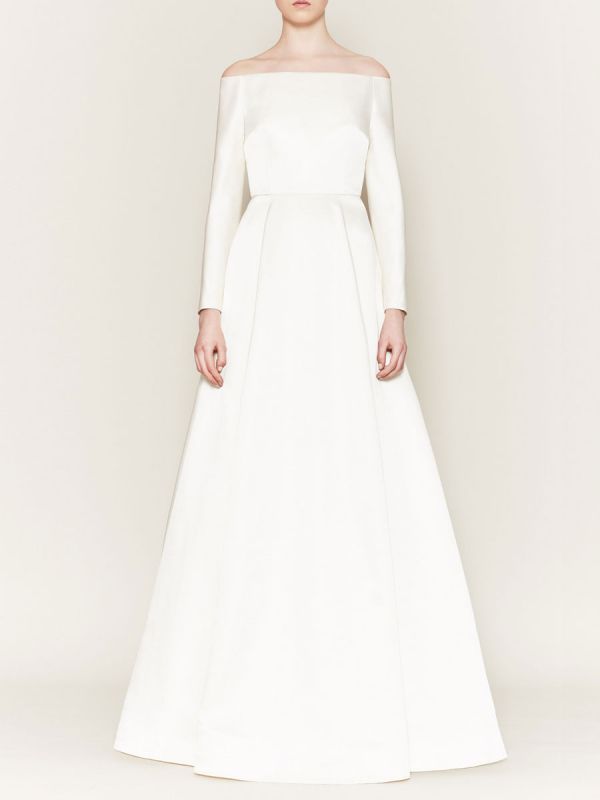 Bateau Neck Ivory Simple A-Line Wedding Dress Satin Long Sleeves Bridal Gowns