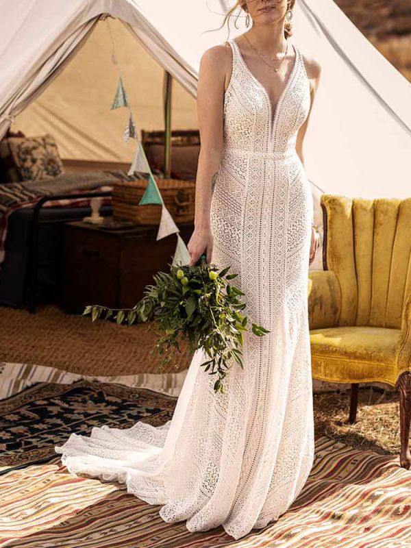 Vestido de novia blanco simple con tren Sirena Escote en V Mangas cortas Sin espalda Vestidos de novia largos de encaje