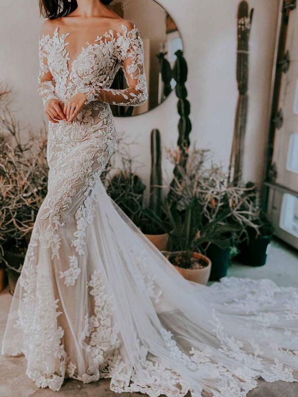 Eric White Wedding Dress Illusion Neckline Long Sleeves Backless Natural Waist Lace With Train Long Bridal Mermaid Dress