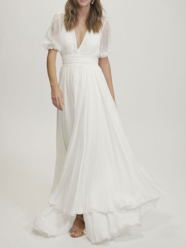Ivory Simple Wedding Dress Chiffon V Neck Short Sleeves A Line Chiffon Bridal Dresses