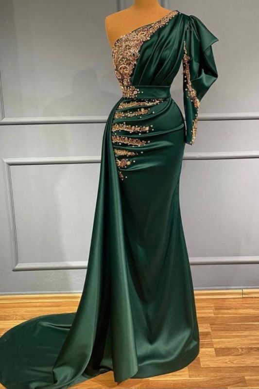 Stunning one Shoulder Mermaid Evening Party Dress with Gold Beads