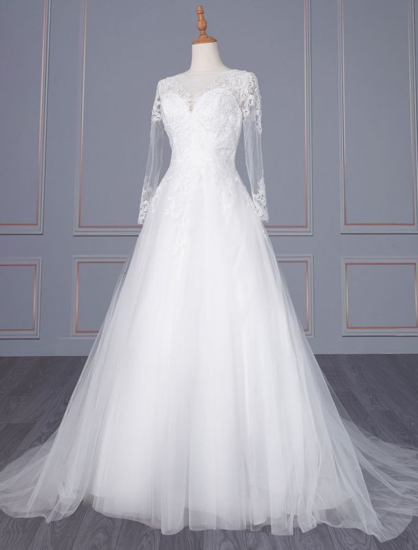 Una línea de cuello en V blanco simple vestido de novia de manga larga de encaje Tull vestidos de novia