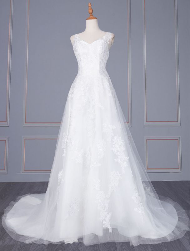 White A-line Wedding Dresses With Train Sleeveless Lace Tulle V-Neck Long Bridal Gowns