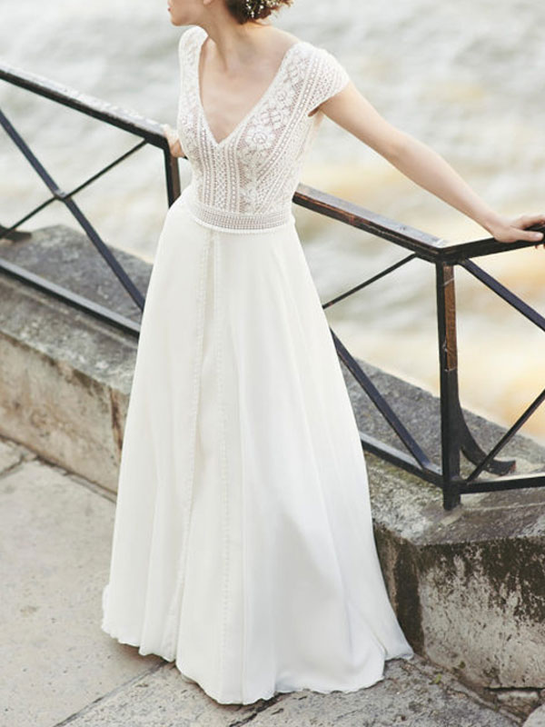Ivory Simple Wedding Dress A-Line V-Neck Short Sleeves Backless Lace Chiffon Bridal Gowns