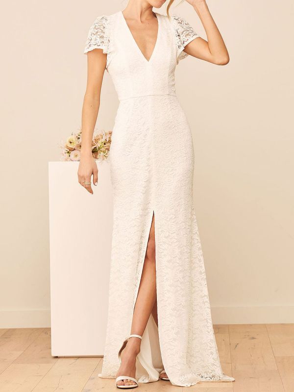 White Engagement Dress V Neck Short Sleeves Backless Natural Waist Floor Length Lace Engagement Dress