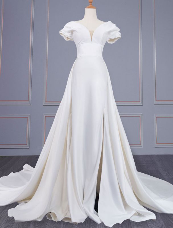 Ivory Simple Wedding Dress Satin Fabric V-Neck Short Sleeves Backless A-Line Long Bridal Dresses