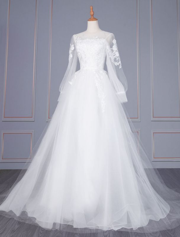 Weißes einfaches Hochzeitskleid Jewel Neck Long Sleeves Lace Tüll Lange A-Linie Brautkleider