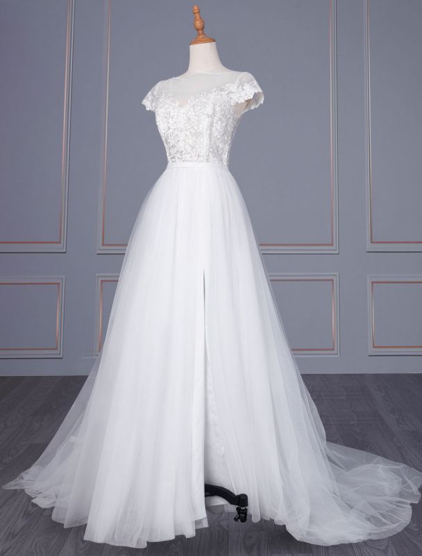 Robe de mariée simple blanche en dentelle sur l'épaule manches courtes en dentelle une ligne robes de mariée