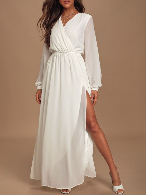 Robe de fiançailles blanche col en V manches longues taille naturelle longueur au sol une robe de fiançailles en mousseline de soie