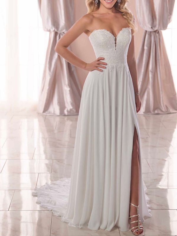 Robe de mariée simple blanche sans bretelles en polyester sans manches dos nu en dentelle A-ligne longues robes de mariée