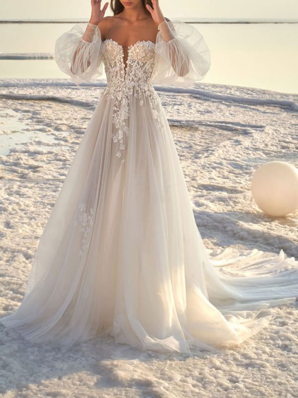 Ivory Off-The-Shoulder Wedding Dress With Train A-Line Long Sleeves Backless Lace Bridal Gowns