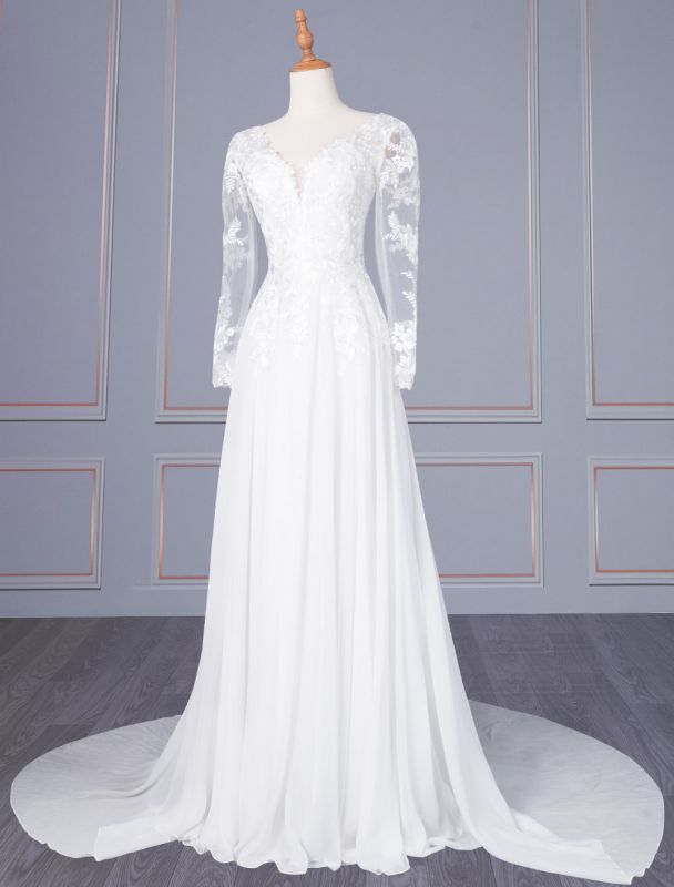 White Simple Wedding Dress Chiffon V Neck Long Sleeves Backless Zipper Lace Chiffon A Line Bridal Dresses