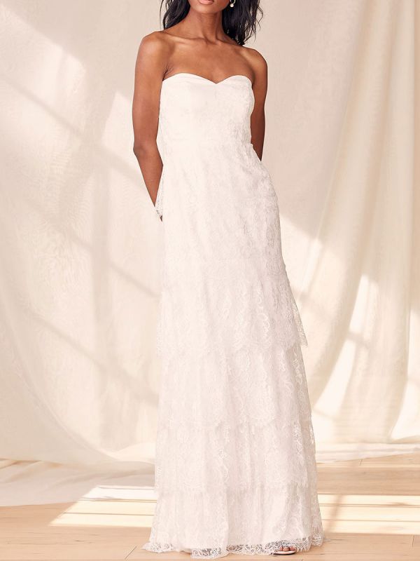 Robe de mariée sans bretelles blanche sans manches robe de fiançailles en dentelle longueur au sol dos nu