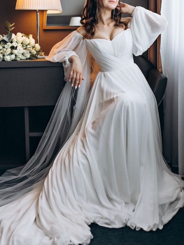 White Simple Wedding Dress With Train A-Line Bateau Neck Long Sleeves Backless Zipper Chiffon Bridal Dresses