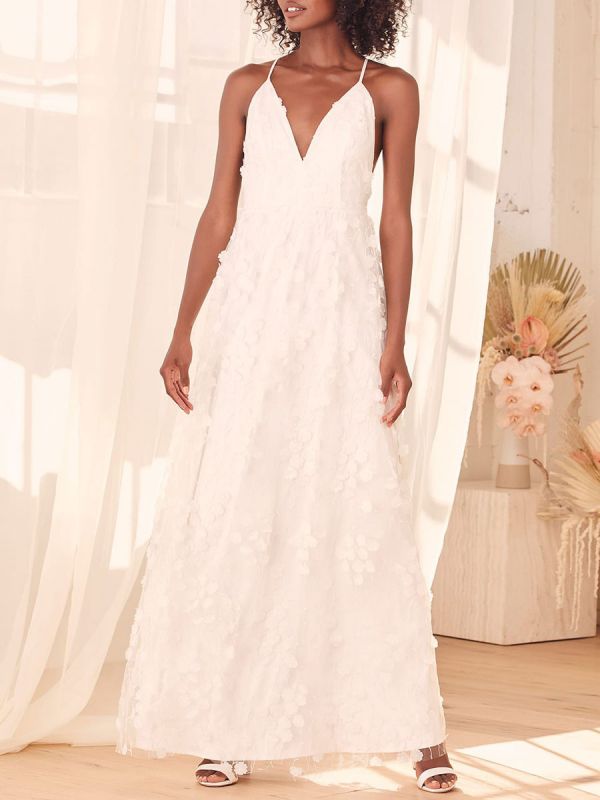 White V Neck Sleeveless Engagement Dress Backless Natural Waist Floor Length A Line Lace Dress