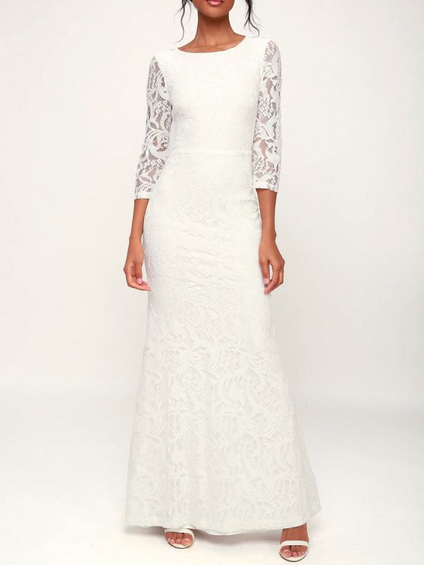 White Engagement Dress Jewel Neck 3/4-Length Sleeves Backless Natural Waist Floor Length Lace Engagement Dress