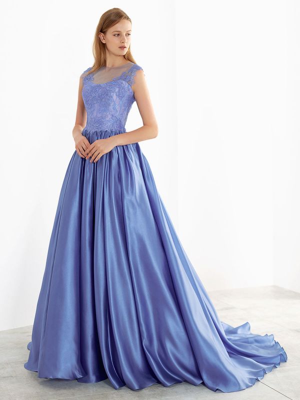 Sleeveless Lace Blue Wedding Dress With Train Strapless Satin A-line Bridal Gown