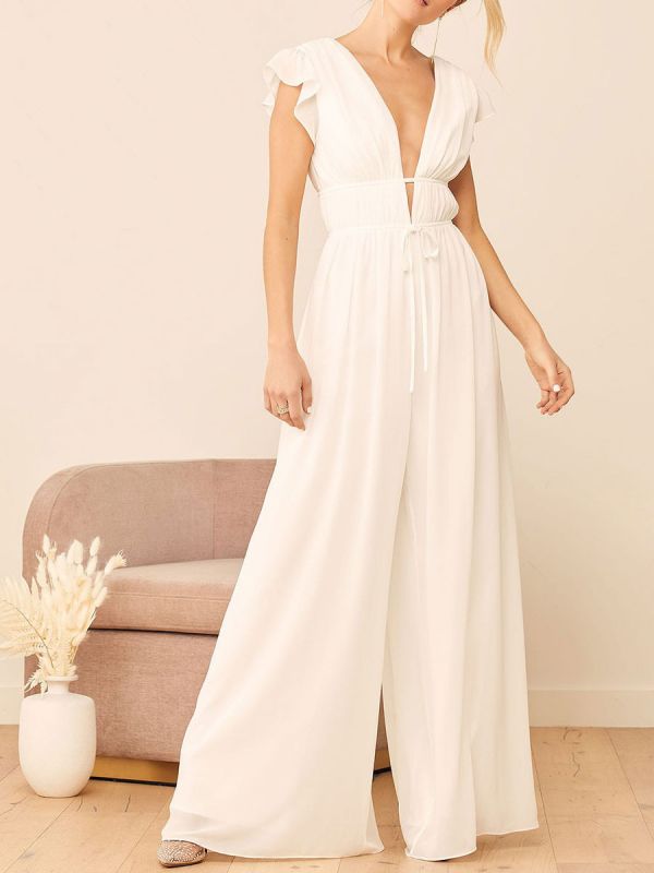 V Neck Short Sleeves White Bridal Dress  Backless Floor Length Polyester Engagement Dress