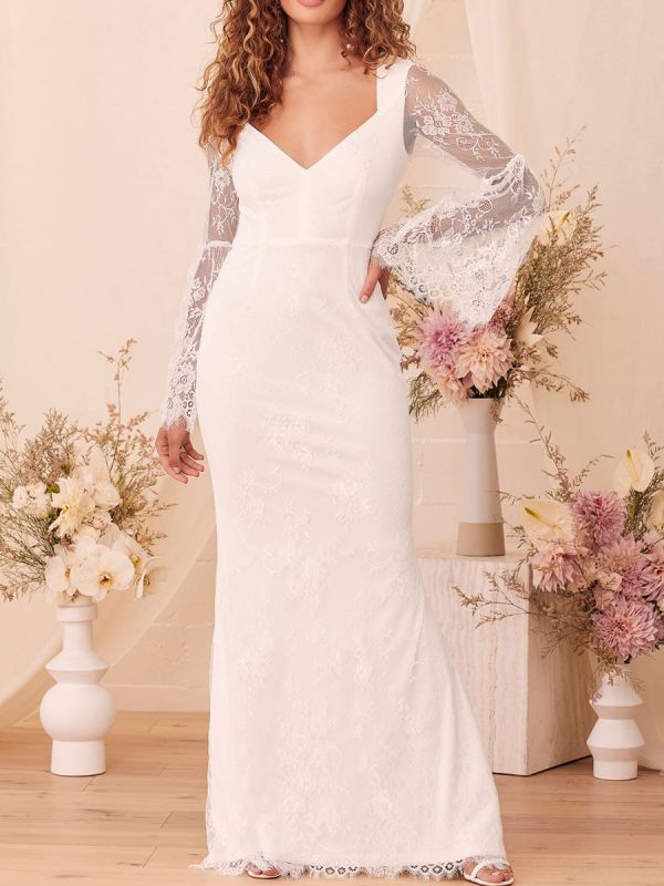 V-Ausschnitt mit langen Ärmeln Hochzeitskleid A-Linien-Spitze-Verlobungskleid mit rückenfreier Bodenlänge