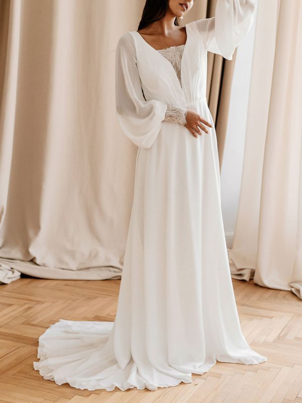 Robe de mariée blanche simple avec train A-ligne col en V manches longues dentelle robes de mariée en mousseline de soie
