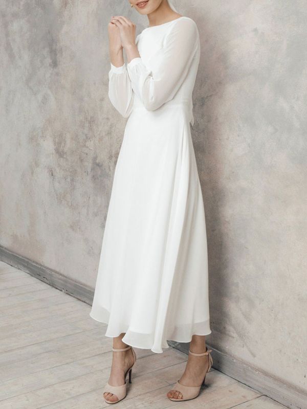 White A-Line Simple Wedding Dress Jewel Neck Long Sleeves Ankle-Length Zipper Chiffon Bridal Gowns