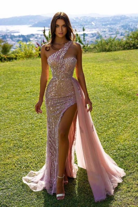 Sparkly Sequins Mermaid Prom Dress One Shoulder Long Party Dress with Detachable Train