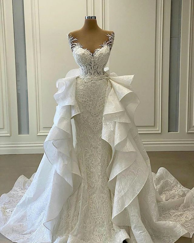Superbe robe de mariée sirène chérie sans manches robe de mariée blanche avec queue détachable
