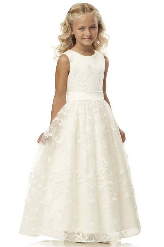 Blumenmädchenkleid Sleveless Jewel Neck Elfenbein Hochzeitskleid für Kinder