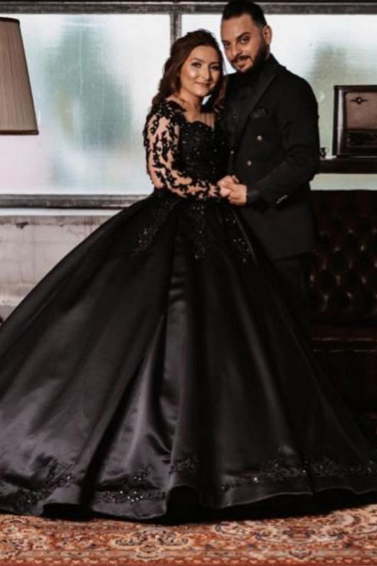 Black Long Sleeves Bridal Gown Floral Lace Appliques Satin Wedding Dress