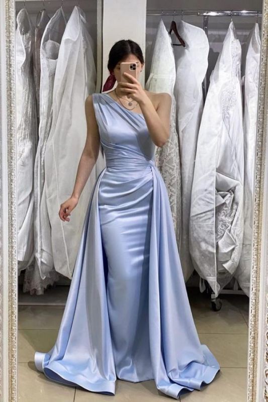 One Shoulder Satin Mermaid Prom Dress Ruffles Evening Dress with Detachable Train