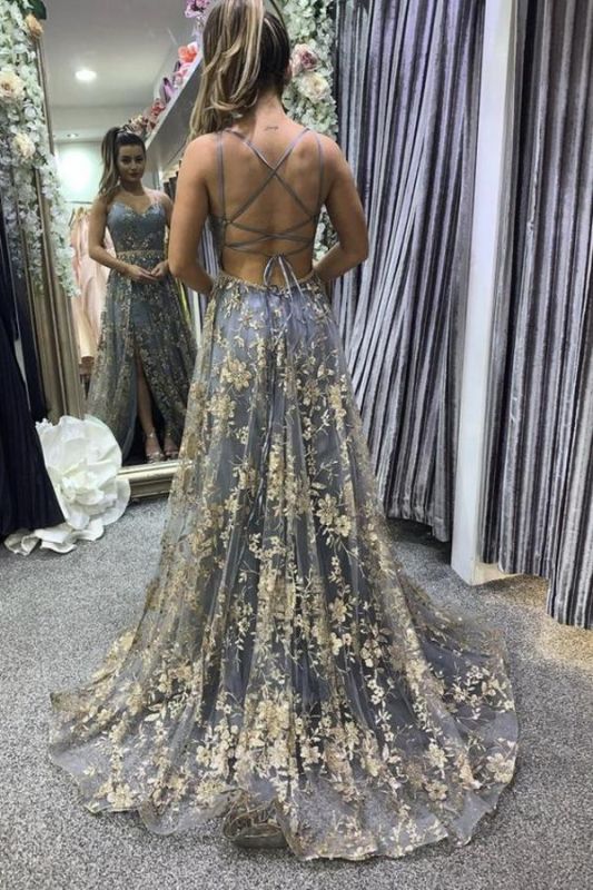 Spaghetti Straps V-Neck Prom Dress Gold Floral Pattern Aline Evening Dress