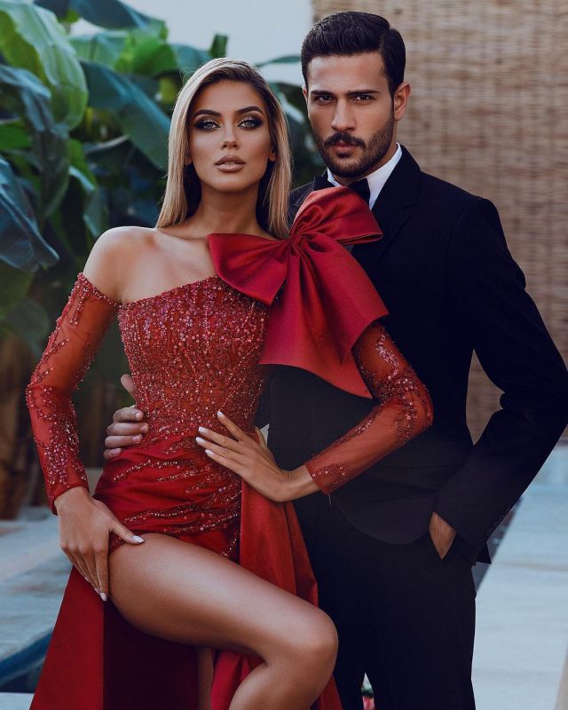Sexy Red Prom Dress with Long Sleeves|Satin Sequins Side Slit Party ...