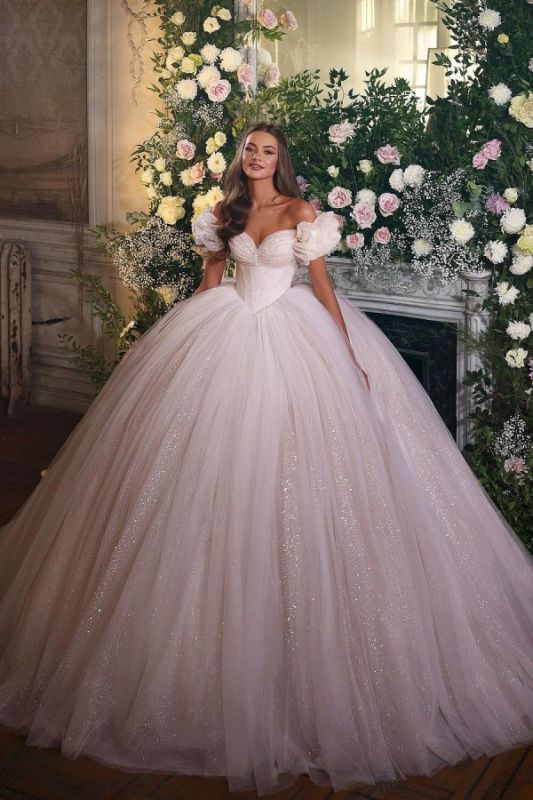 Gorgeous Puffy Sleeves Tulle Ball Gown Princess Sparkly Sequins Bridal Gown