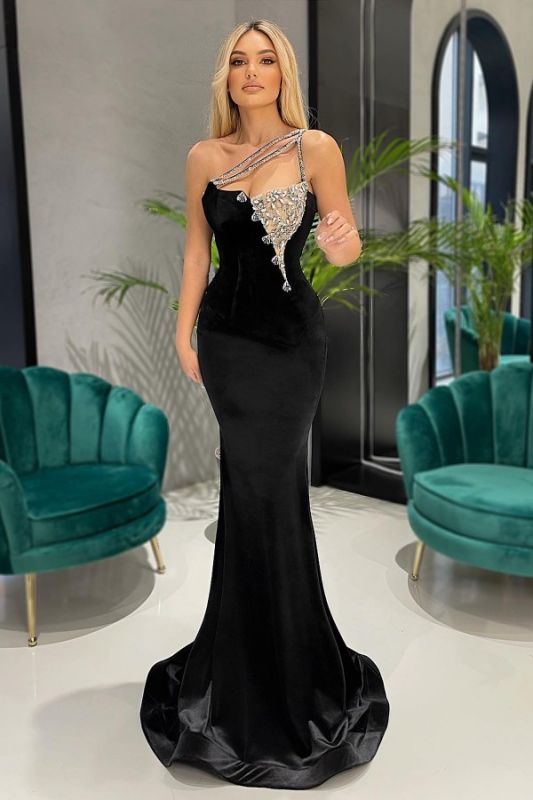 Charming One Shoulder Velvet Mermaid Prom Gown with Crystals