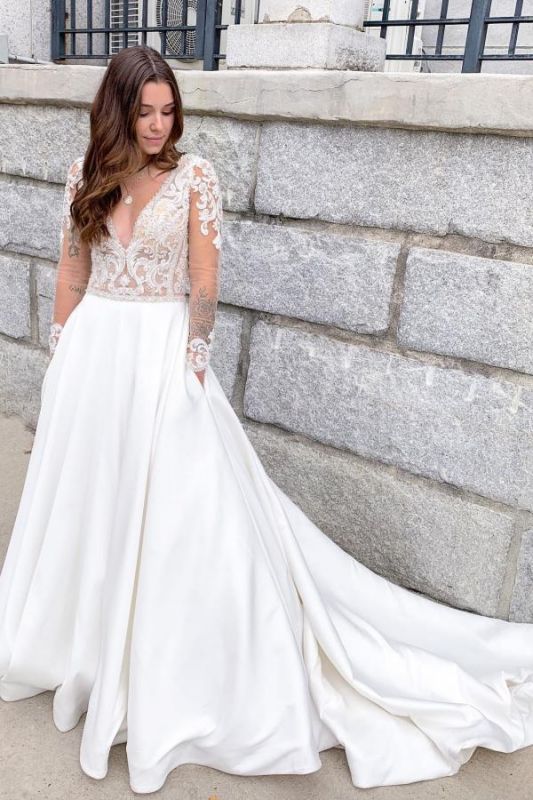 Robe de mariée Aline en dentelle florale à manches longues Robe longue en satin blanc à manches longues pour la mariée