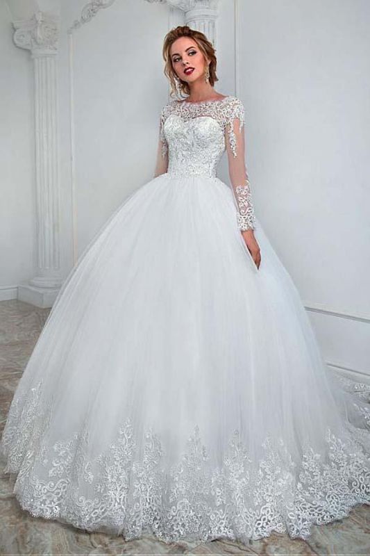 Robe de mariée élégante col bateau Aline manches longues robe de mariée en tulle dentelle appliques