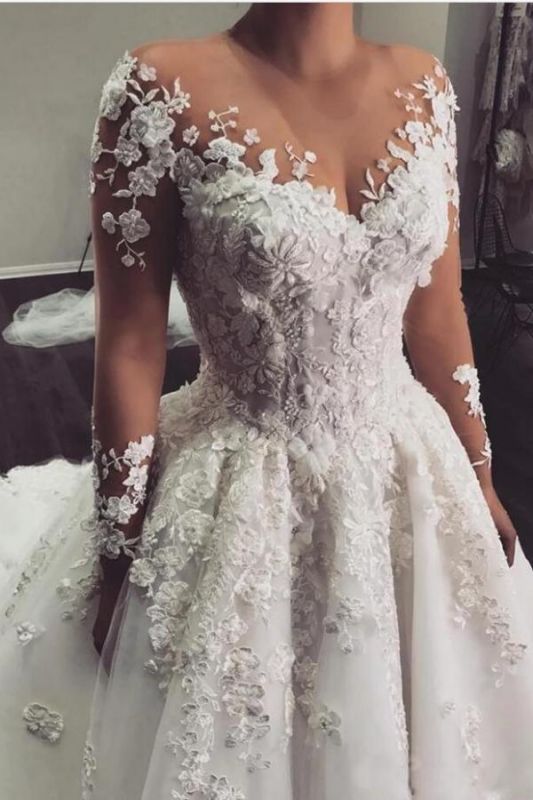 Vestido de novia de encaje floral 3D de lujo Vestido de novia de tul de manga larga