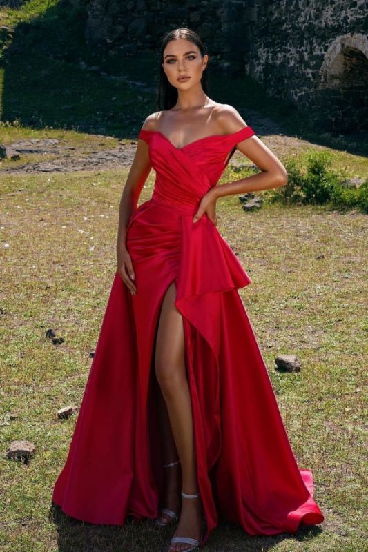 Charming Red Off Shoulder Evening Dress Side Slit Prom Dress