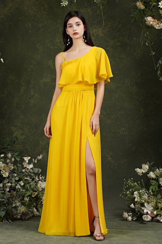 Gelbes One-Shoulder-Brautjungfernkleid mit seitlichem Schlitz, langes Abendkleid