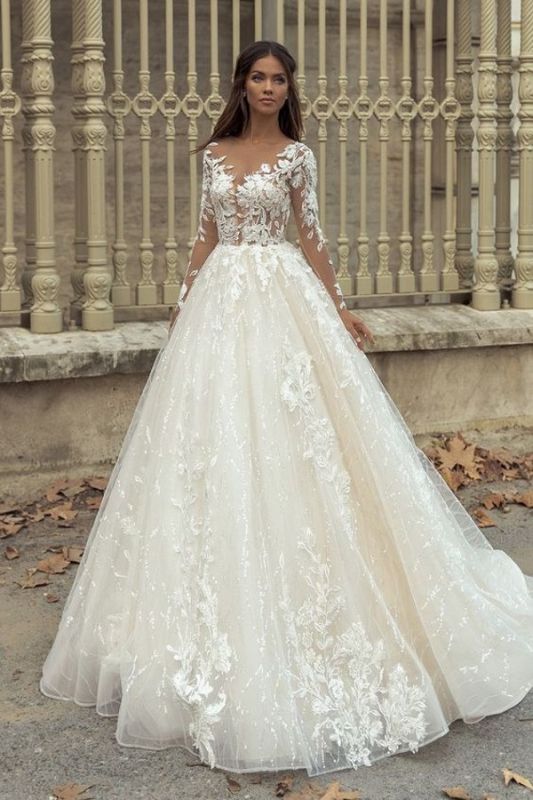 Chic Aline Wedding Dress with Sleeves Tulle Floral Lace Appliques ...