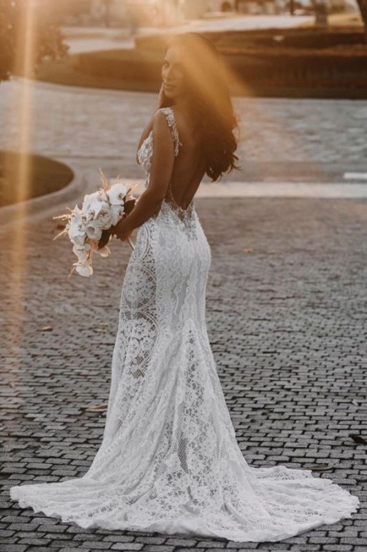 Sleeveless White Mermaid wedding Dress Simple Floral Lace Backless Bridal Dress