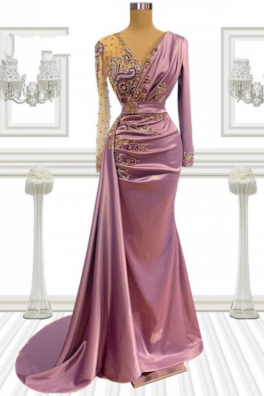 Stylish Satin Mermaid Prom Dress with Sleeves Gold Appliques Party Gown