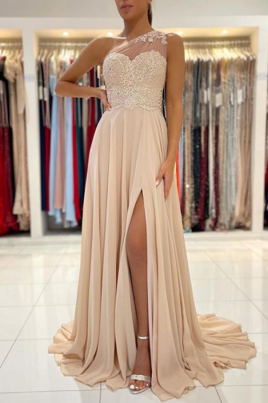 Elegant One Shoulder Chiffon Side Slit Evening Party Dress Soft Lace Long Dress