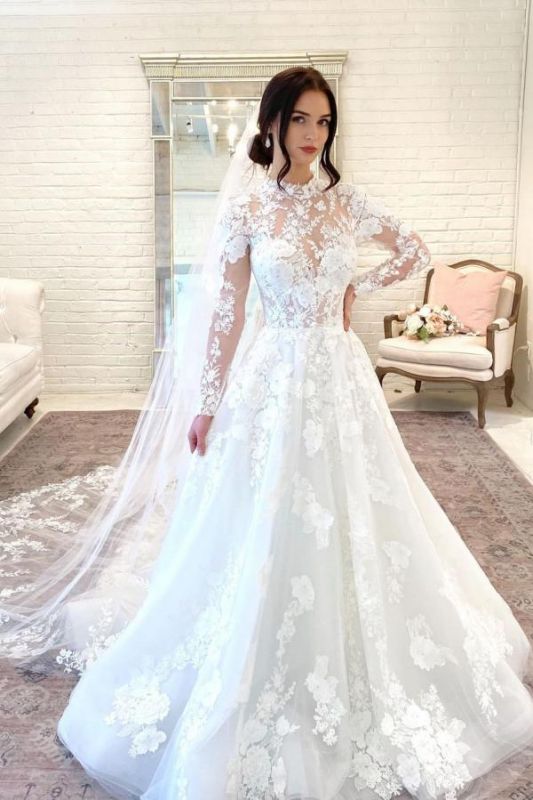 Robe de mariée romantique avec manches en dentelle florale Robe de mariée de jardin à col haut