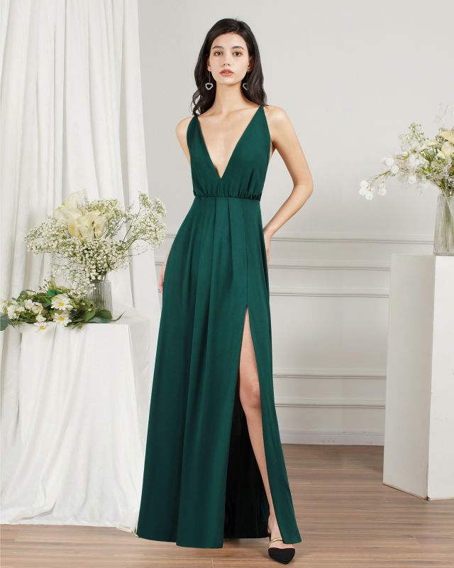 Sleeveless Side Slit Evening Dress V-Neck Aline Floor-Length Dress