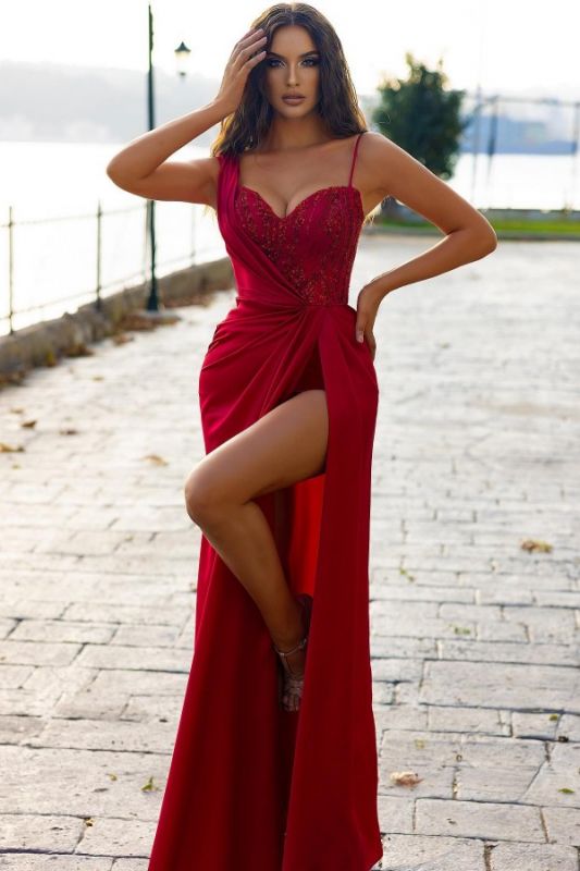 Charming Spaghetti Straps Red Side Slit Prom Dress with Glitter Sequins
