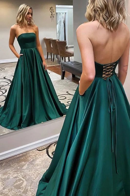 Vestido de noche largo de satén sin tirantes verde oscuro con bolsillos