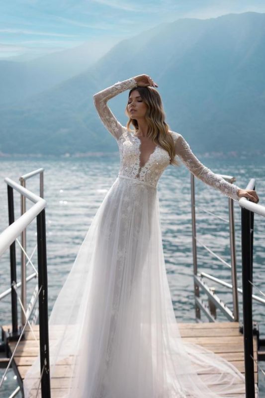 Vestido de novia boho de encaje con manga larga vestido de novia sirena con cola desmontable