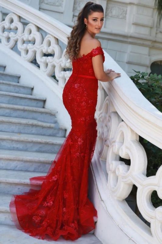 Red Sequins Mermaid Prom Dress Off-the-Shoulder Sparkly Evening Dress